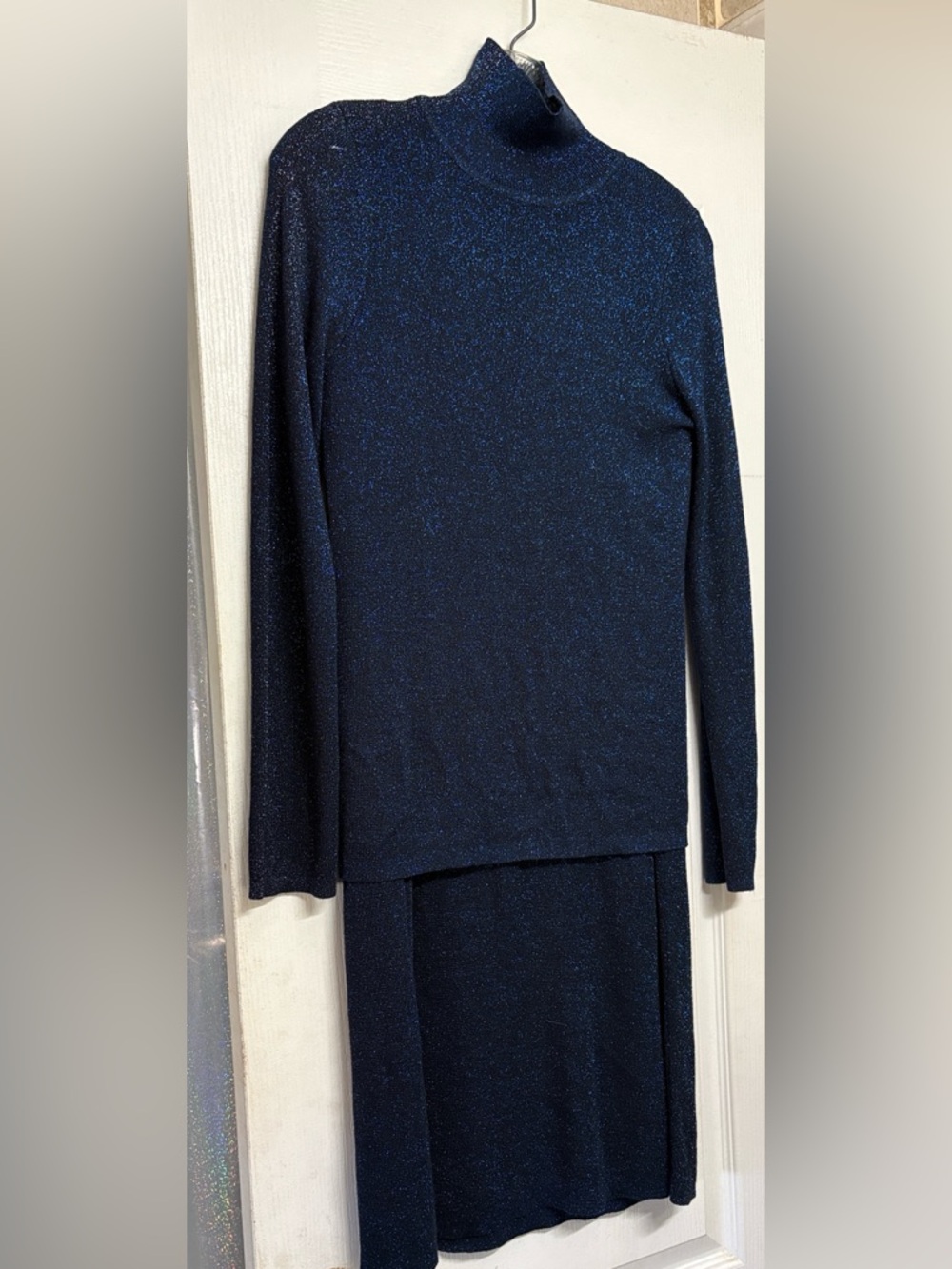 NWOT Never Fully Dressed Navy Shimmer Turtleneck & Maxi Skirt Sweater Set sz L